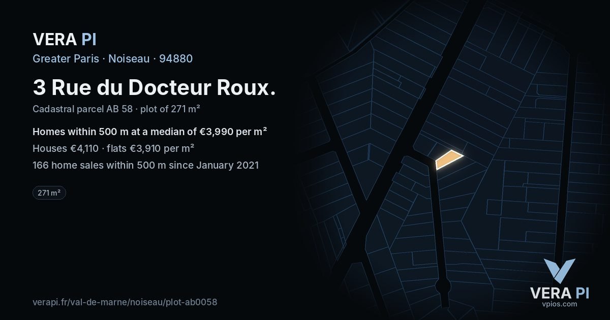 3 Rue du Docteur Roux, Noiseau at night – the plot lit, the parcels around coloured by the prices near them
