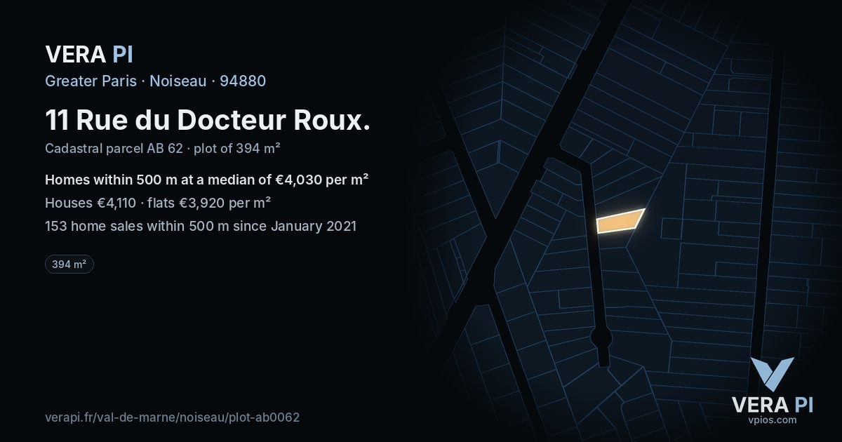 11 Rue du Docteur Roux, Noiseau at night – the plot lit, the parcels around coloured by the prices near them