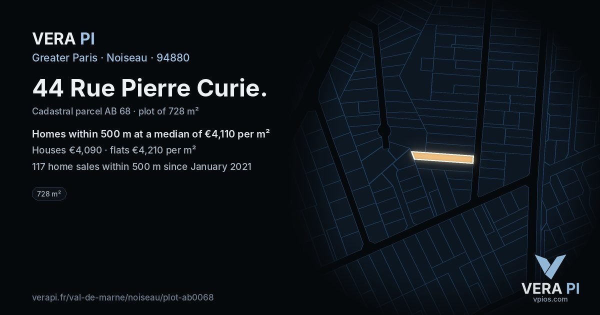 44 Rue Pierre Curie, Noiseau at night – the plot lit, the parcels around coloured by the prices near them