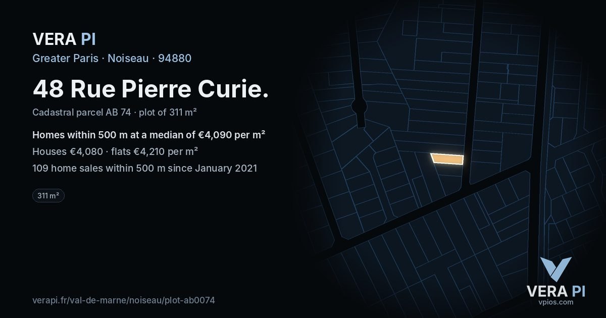 48 Rue Pierre Curie, Noiseau at night – the plot lit, the parcels around coloured by the prices near them