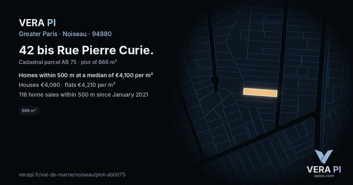 42 bis Rue Pierre Curie, Noiseau at night – the plot lit, the parcels around coloured by the prices near them