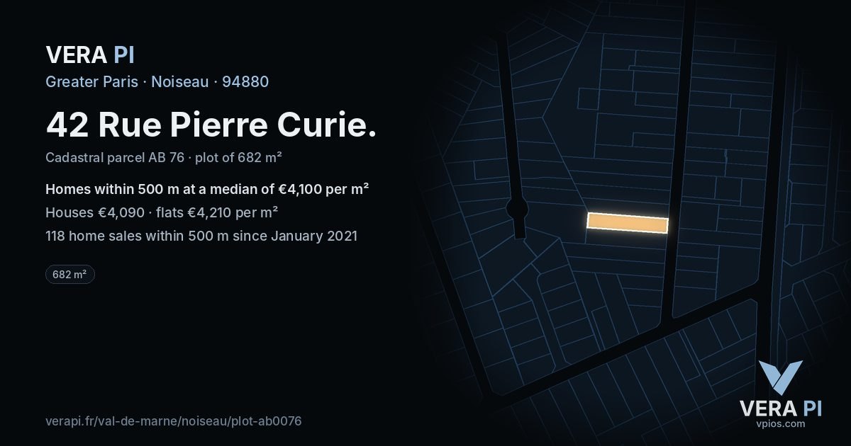 42 Rue Pierre Curie, Noiseau at night – the plot lit, the parcels around coloured by the prices near them