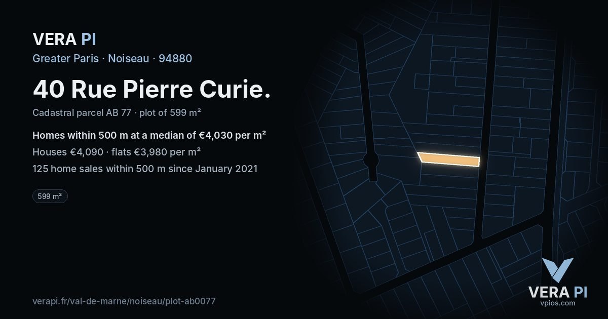 40 Rue Pierre Curie, Noiseau at night – the plot lit, the parcels around coloured by the prices near them