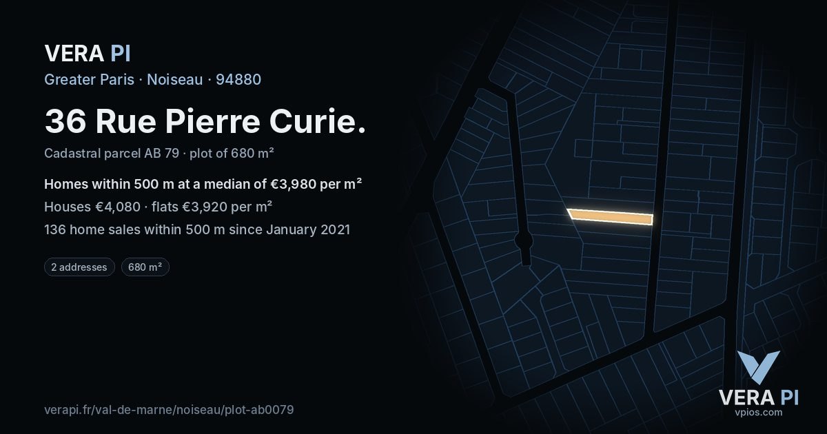36 Rue Pierre Curie, Noiseau at night – the plot lit, the parcels around coloured by the prices near them