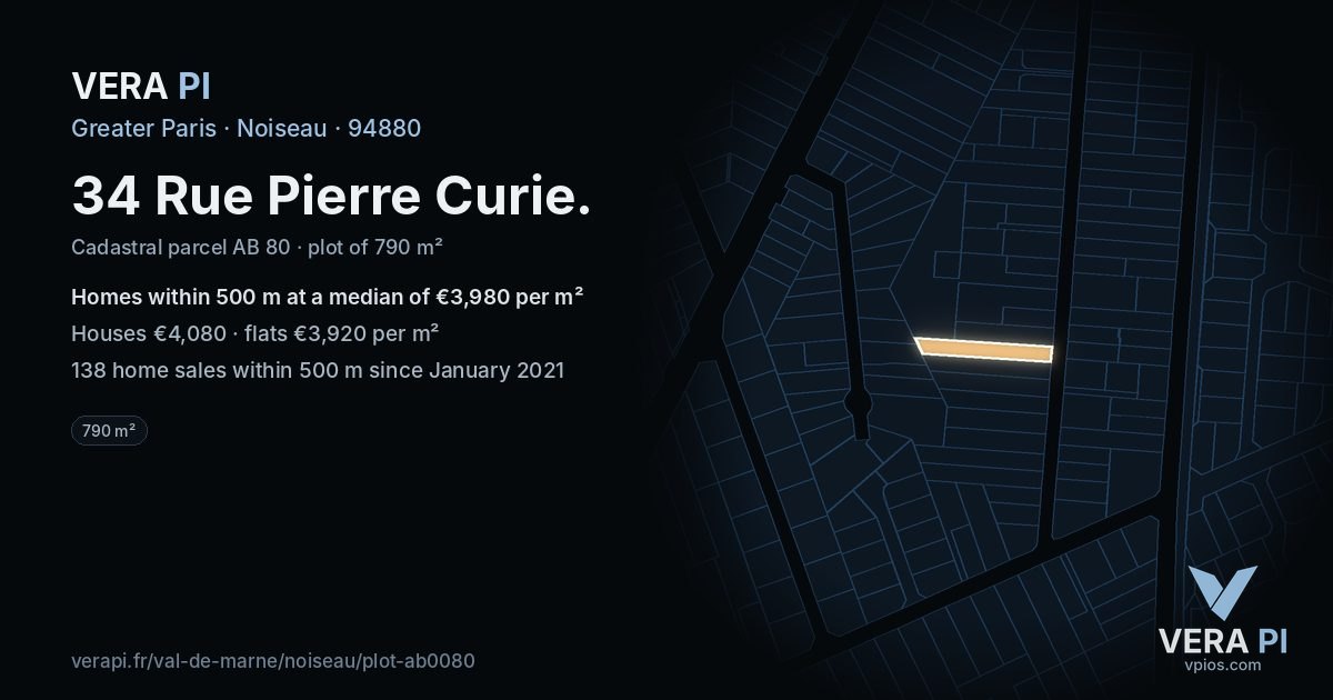 34 Rue Pierre Curie, Noiseau at night – the plot lit, the parcels around coloured by the prices near them