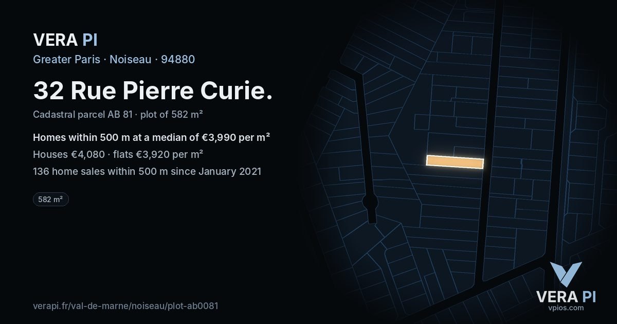 32 Rue Pierre Curie, Noiseau at night – the plot lit, the parcels around coloured by the prices near them