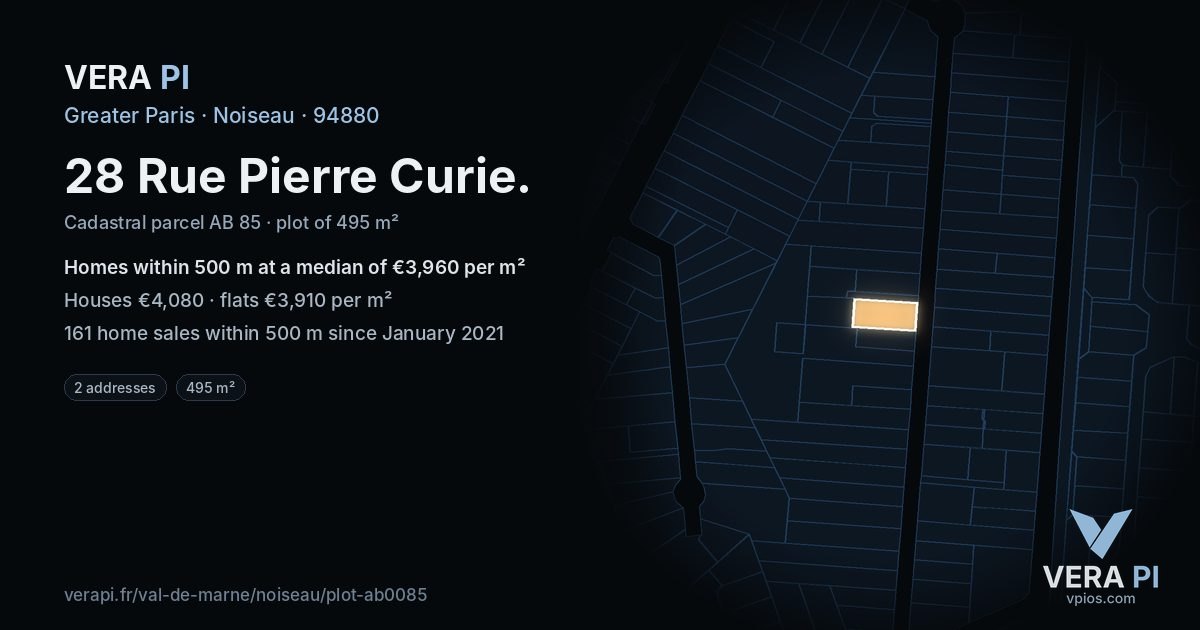 28 Rue Pierre Curie, Noiseau at night – the plot lit, the parcels around coloured by the prices near them