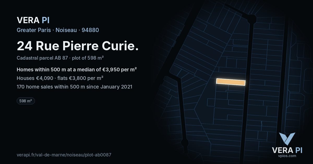 24 Rue Pierre Curie, Noiseau at night – the plot lit, the parcels around coloured by the prices near them