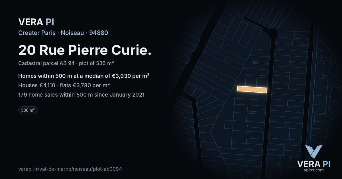 20 Rue Pierre Curie, Noiseau at night – the plot lit, the parcels around coloured by the prices near them