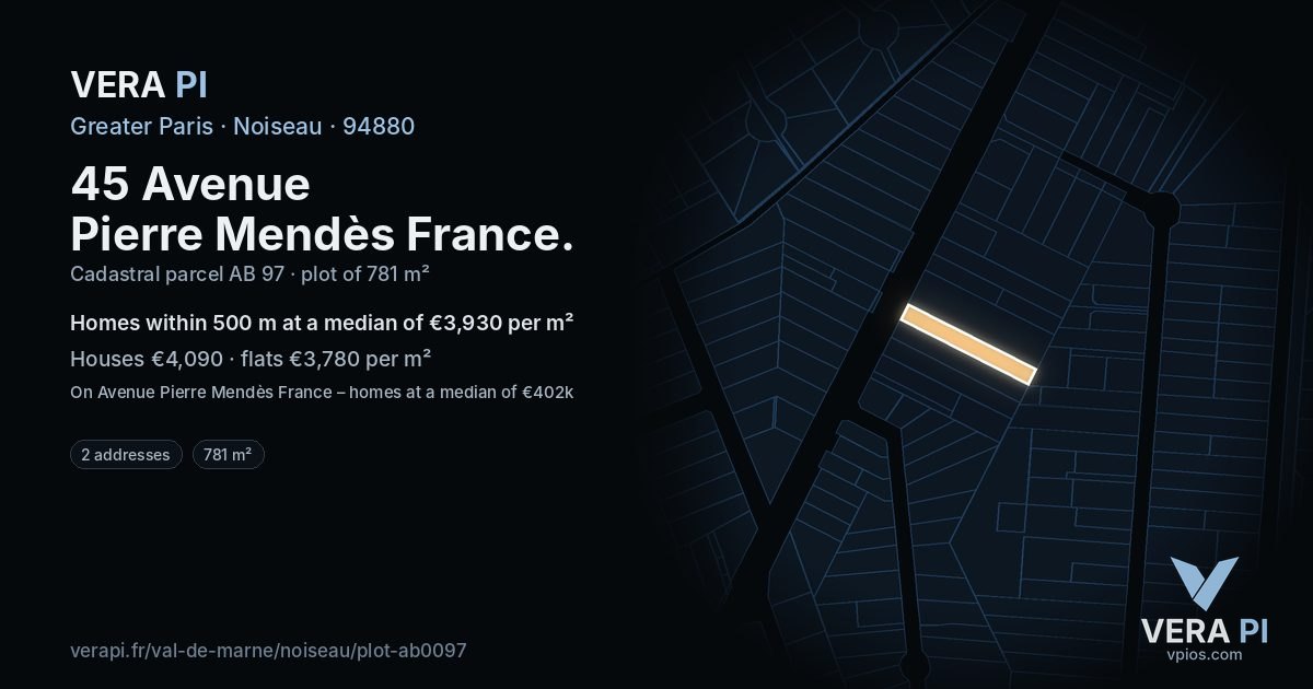 45 Avenue Pierre Mendès France, Noiseau at night – the plot lit, the parcels around coloured by the prices near them