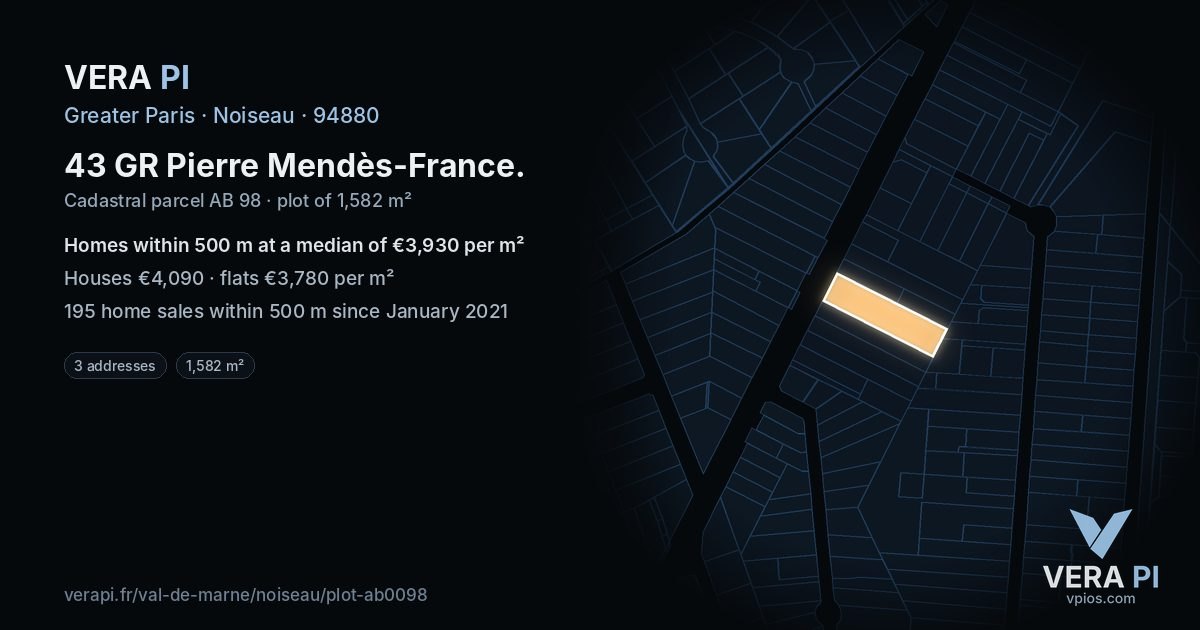 43 GR Pierre Mendès-France, Noiseau at night – the plot lit, the parcels around coloured by the prices near them