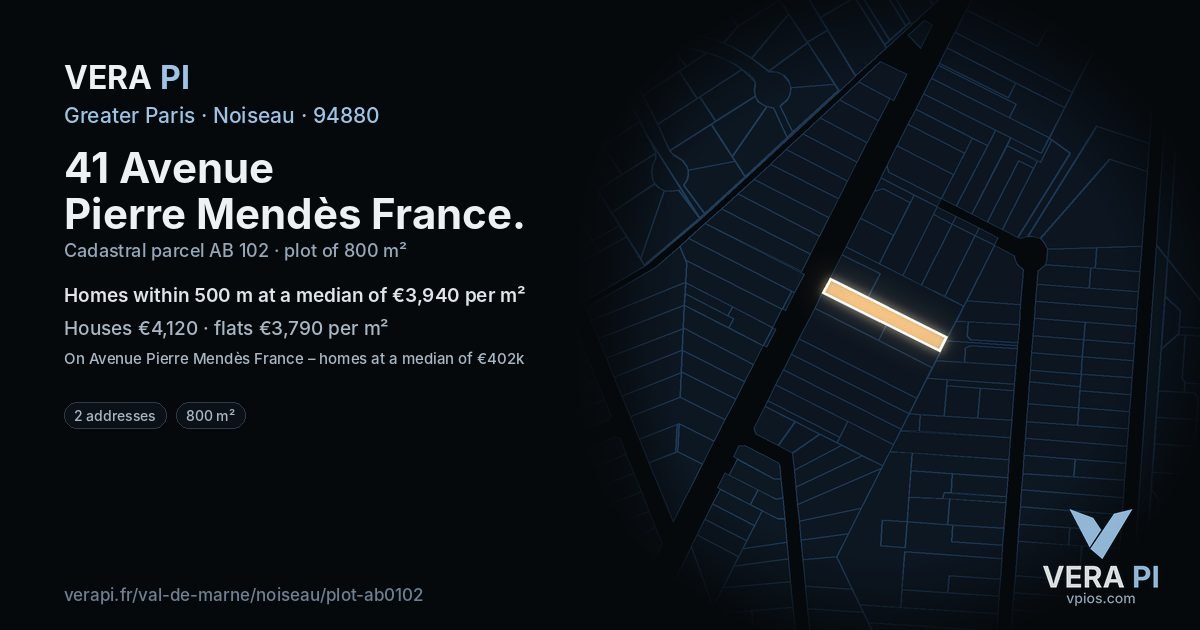 41 Avenue Pierre Mendès France, Noiseau at night – the plot lit, the parcels around coloured by the prices near them