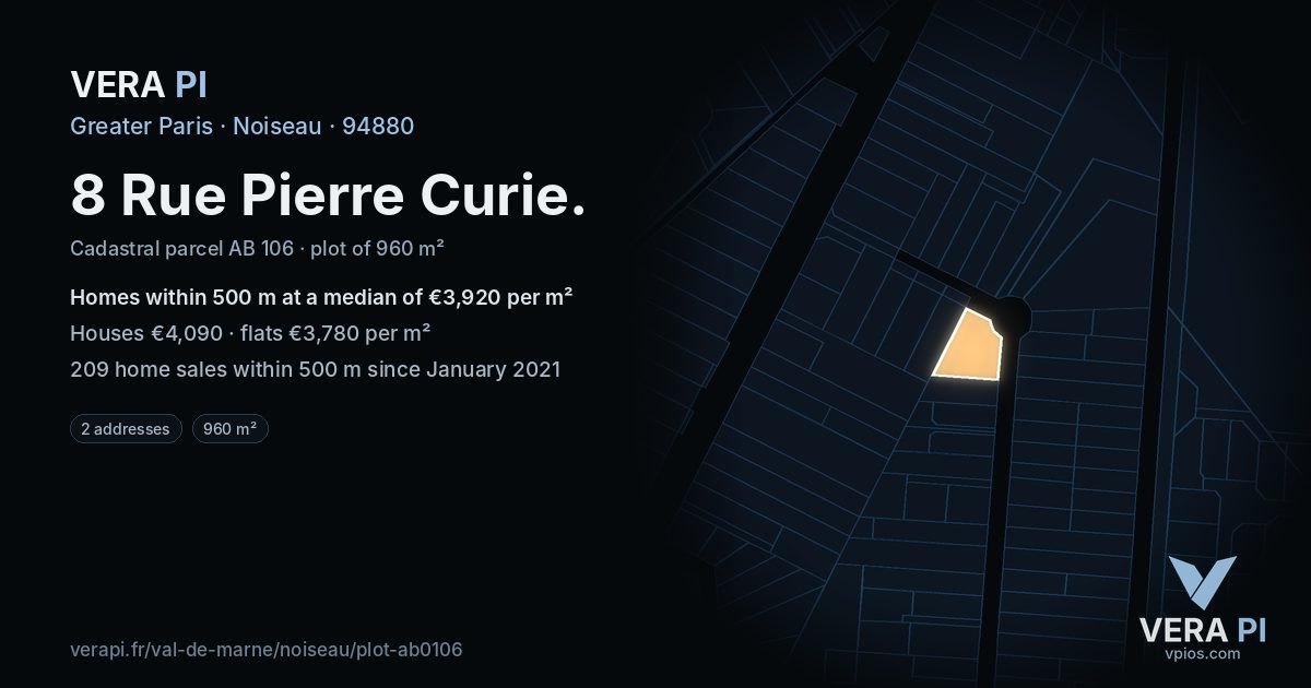 8 Rue Pierre Curie, Noiseau at night – the plot lit, the parcels around coloured by the prices near them
