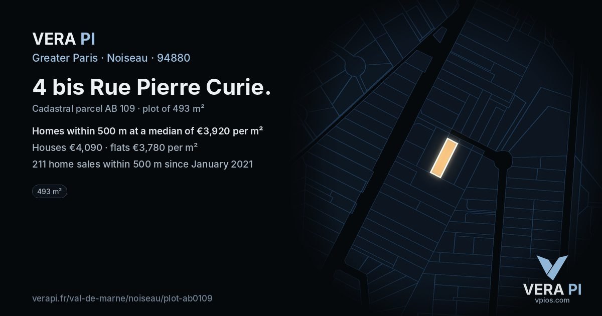 4 bis Rue Pierre Curie, Noiseau at night – the plot lit, the parcels around coloured by the prices near them