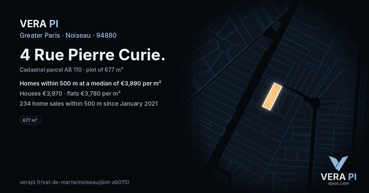 4 Rue Pierre Curie, Noiseau at night – the plot lit, the parcels around coloured by the prices near them