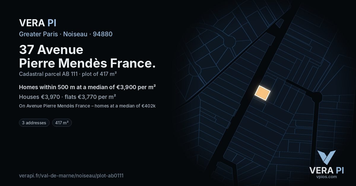 37 Avenue Pierre Mendès France, Noiseau at night – the plot lit, the parcels around coloured by the prices near them