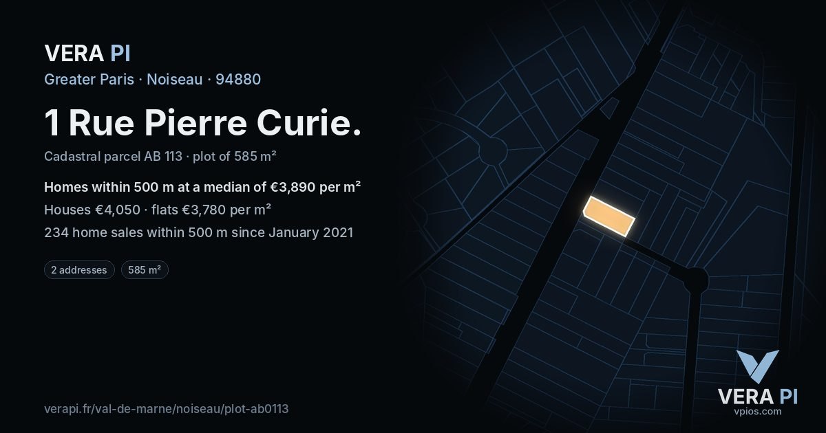 1 Rue Pierre Curie, Noiseau at night – the plot lit, the parcels around coloured by the prices near them