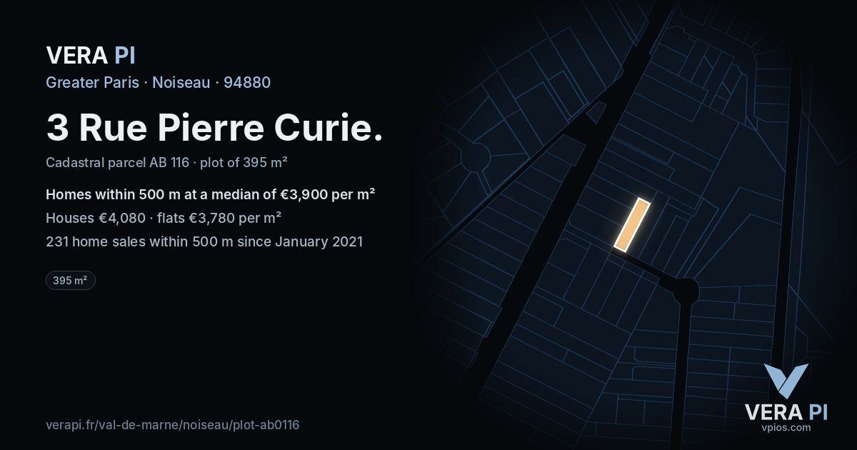 3 Rue Pierre Curie, Noiseau at night – the plot lit, the parcels around coloured by the prices near them