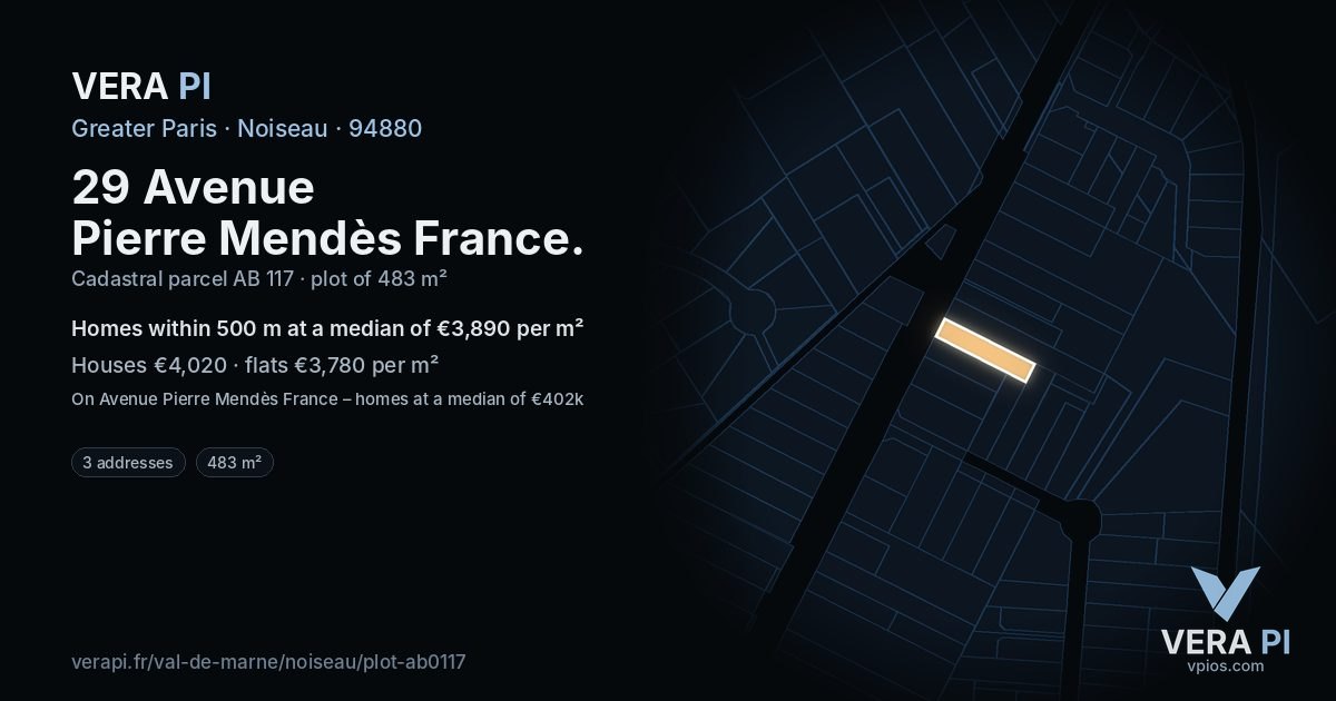 29 Avenue Pierre Mendès France, Noiseau at night – the plot lit, the parcels around coloured by the prices near them