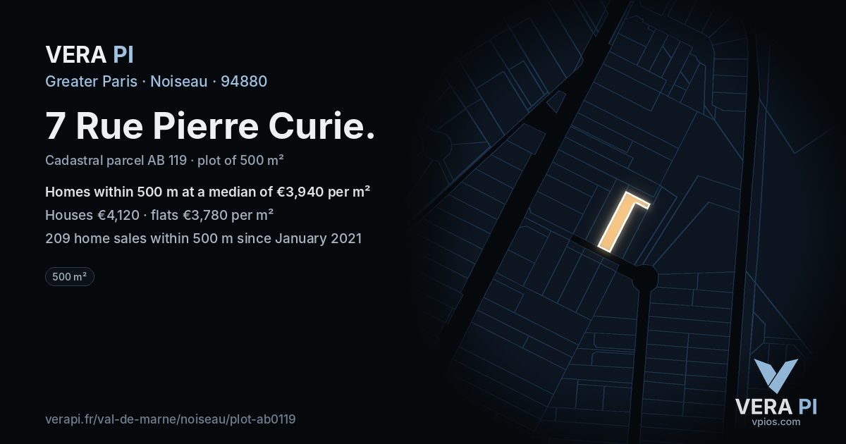 7 Rue Pierre Curie, Noiseau at night – the plot lit, the parcels around coloured by the prices near them