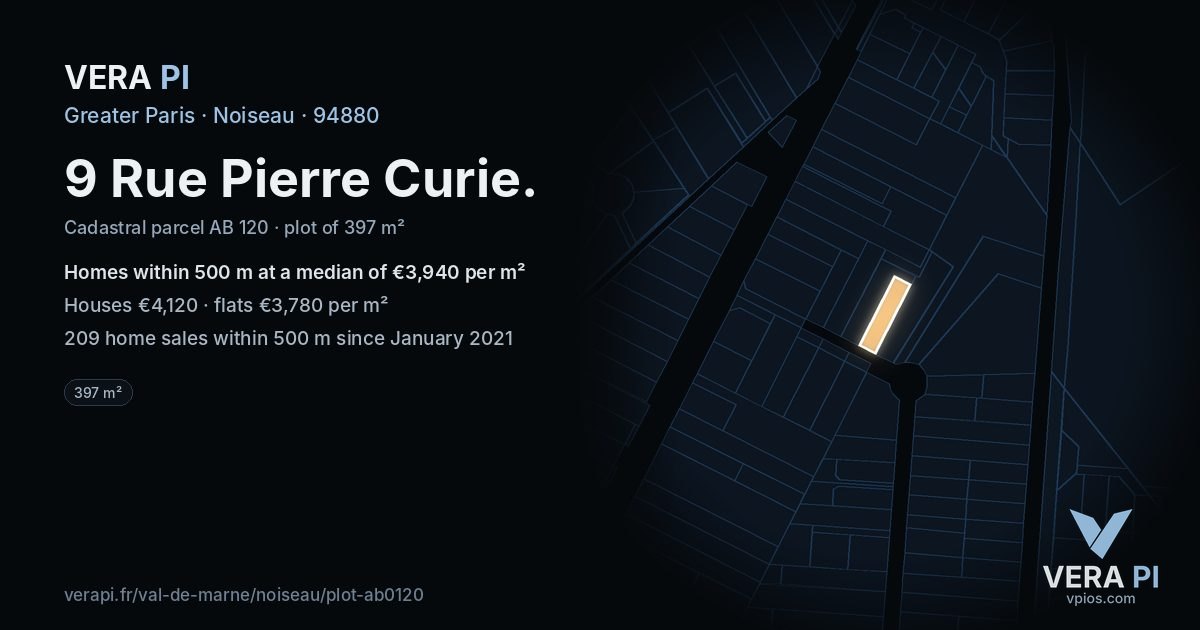 9 Rue Pierre Curie, Noiseau at night – the plot lit, the parcels around coloured by the prices near them