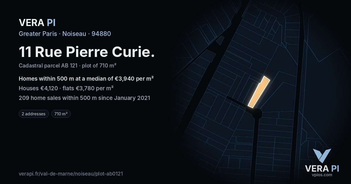 11 Rue Pierre Curie, Noiseau at night – the plot lit, the parcels around coloured by the prices near them