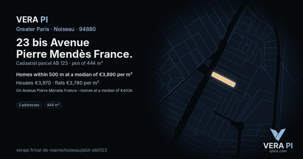 23 bis Avenue Pierre Mendès France, Noiseau at night – the plot lit, the parcels around coloured by the prices near them