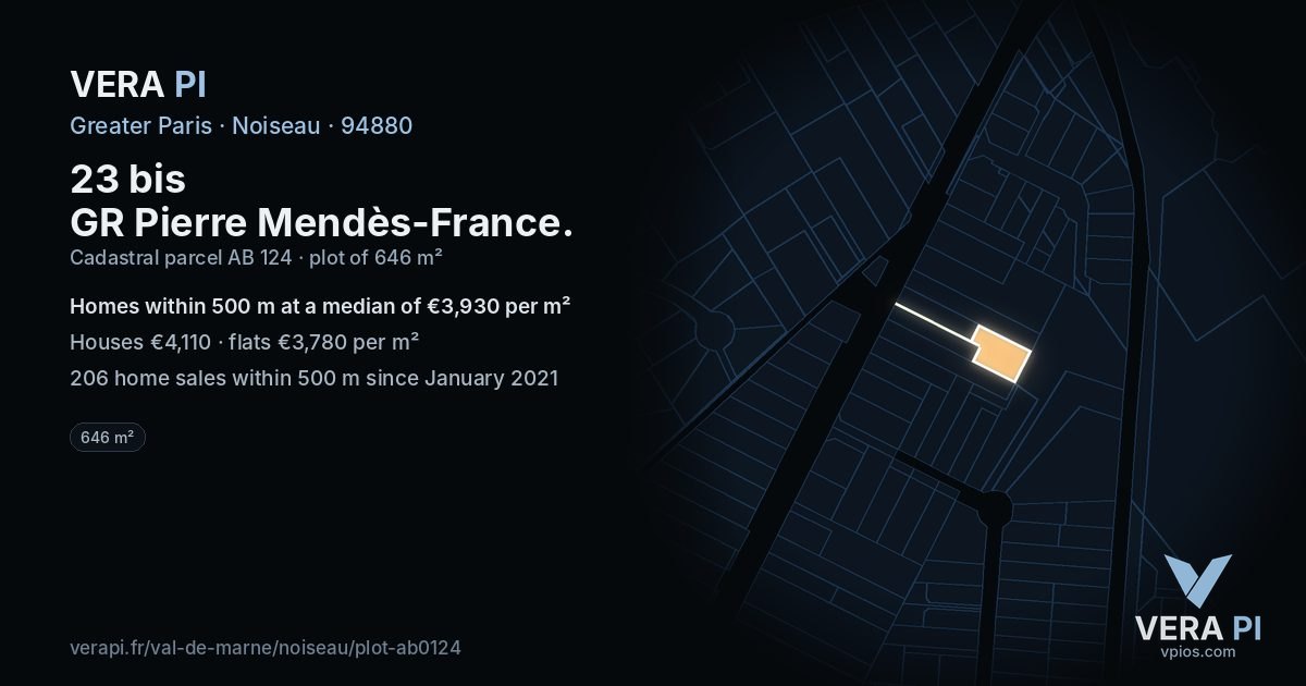 23 bis GR Pierre Mendès-France, Noiseau at night – the plot lit, the parcels around coloured by the prices near them
