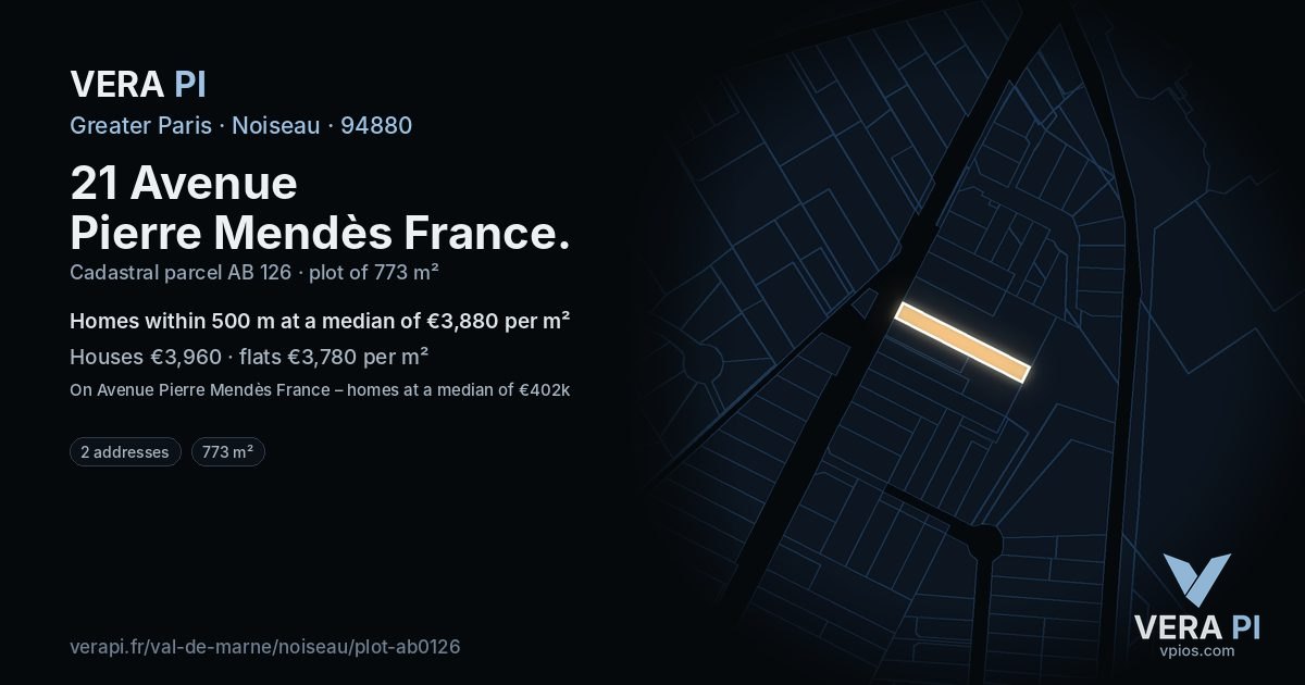 21 Avenue Pierre Mendès France, Noiseau at night – the plot lit, the parcels around coloured by the prices near them