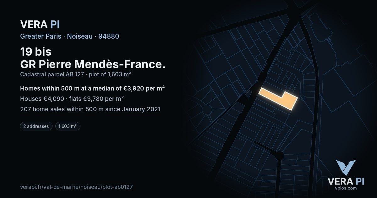 19 bis GR Pierre Mendès-France, Noiseau at night – the plot lit, the parcels around coloured by the prices near them