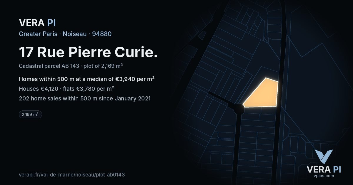 17 Rue Pierre Curie, Noiseau at night – the plot lit, the parcels around coloured by the prices near them