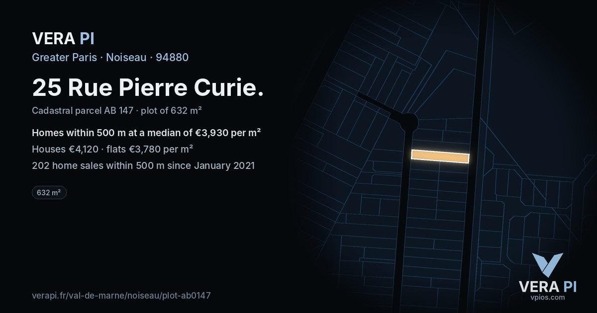 25 Rue Pierre Curie, Noiseau at night – the plot lit, the parcels around coloured by the prices near them