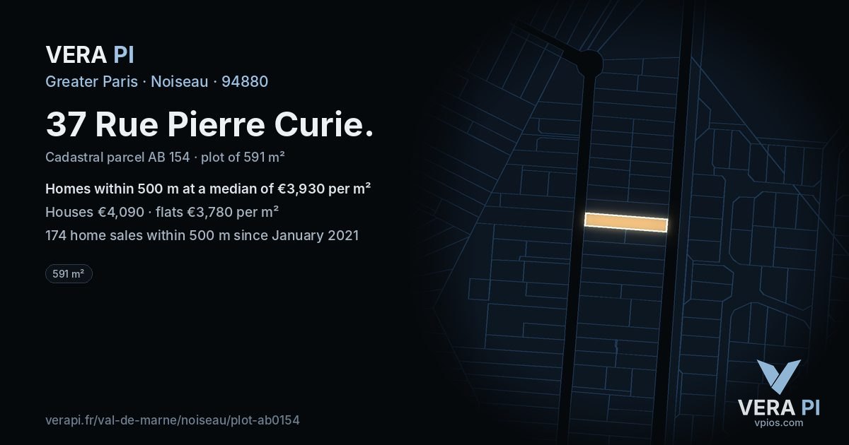 37 Rue Pierre Curie, Noiseau at night – the plot lit, the parcels around coloured by the prices near them