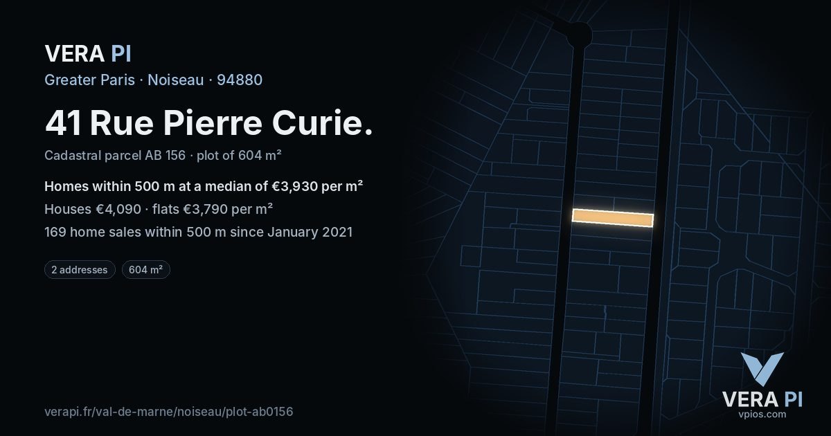 41 Rue Pierre Curie, Noiseau at night – the plot lit, the parcels around coloured by the prices near them