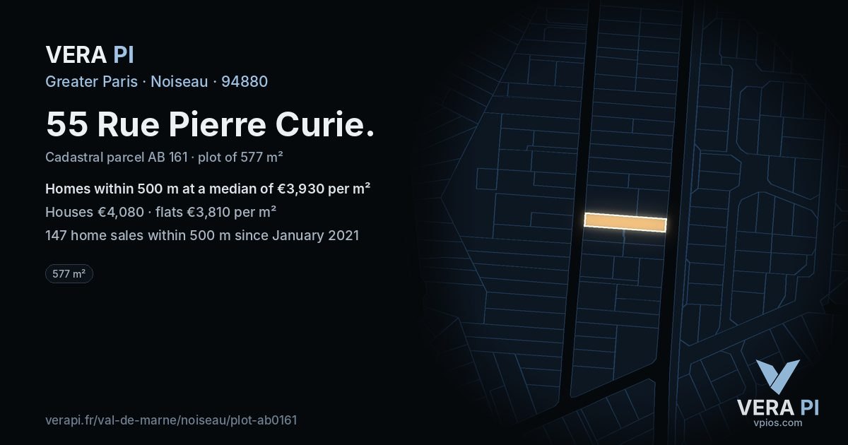 55 Rue Pierre Curie, Noiseau at night – the plot lit, the parcels around coloured by the prices near them