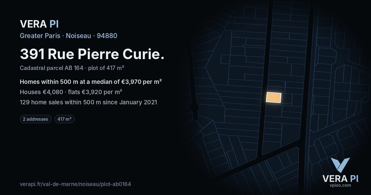 391 Rue Pierre Curie, Noiseau at night – the plot lit, the parcels around coloured by the prices near them