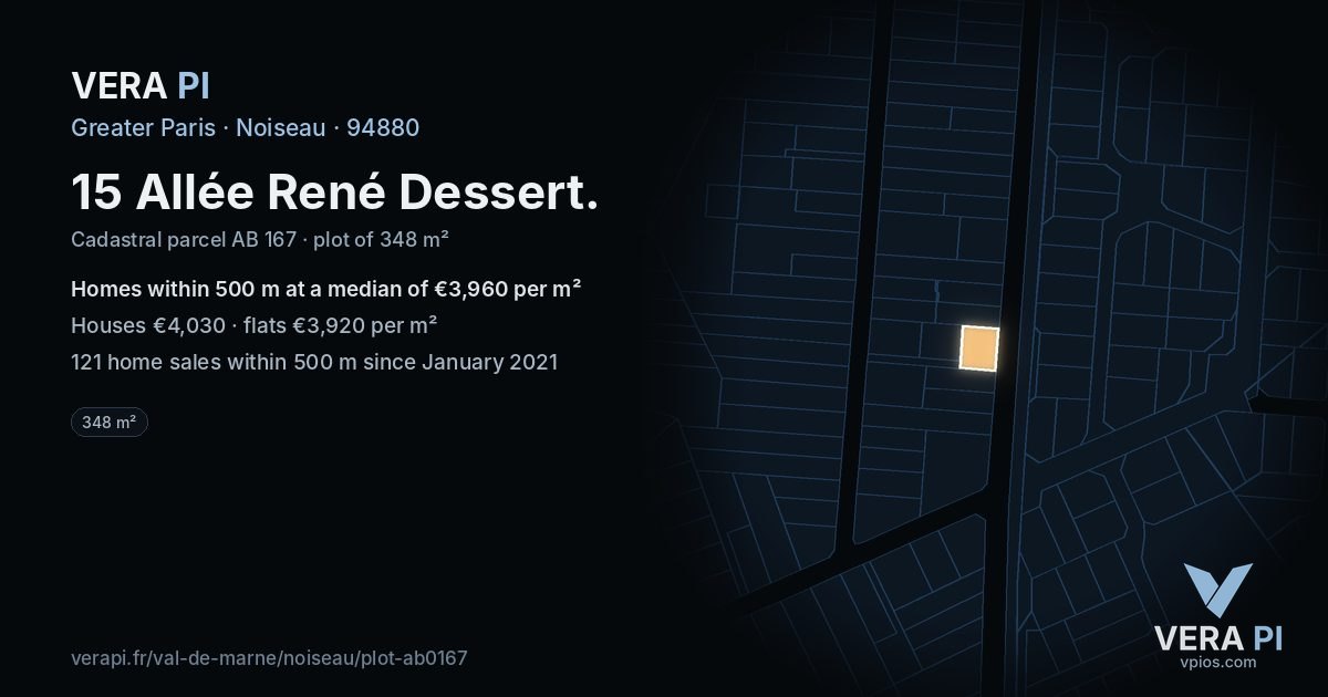 15 Allée René Dessert, Noiseau at night – the plot lit, the parcels around coloured by the prices near them