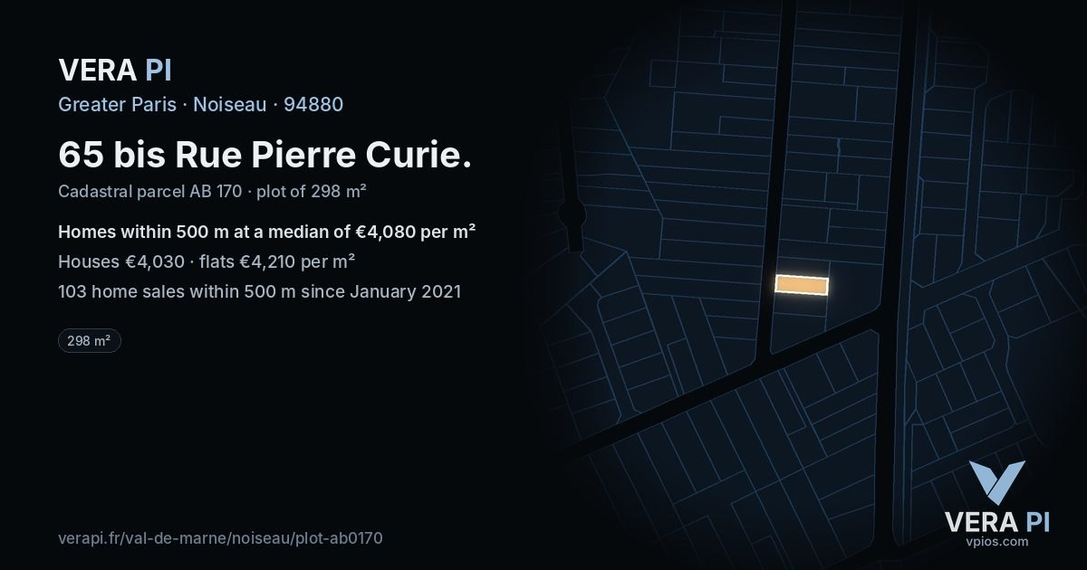 65 bis Rue Pierre Curie, Noiseau at night – the plot lit, the parcels around coloured by the prices near them