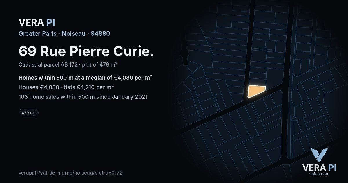 69 Rue Pierre Curie, Noiseau at night – the plot lit, the parcels around coloured by the prices near them