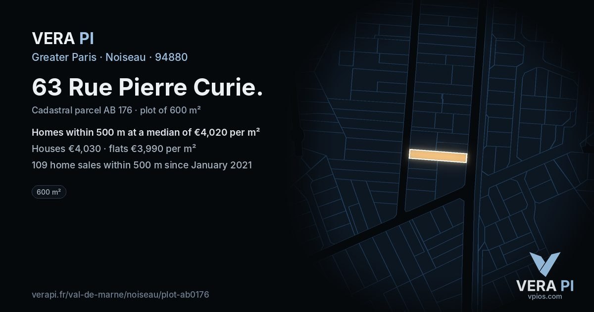 63 Rue Pierre Curie, Noiseau at night – the plot lit, the parcels around coloured by the prices near them