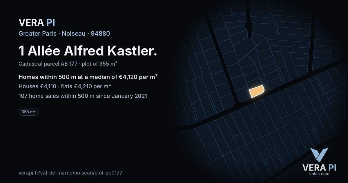 1 Allée Alfred Kastler, Noiseau at night – the plot lit, the parcels around coloured by the prices near them