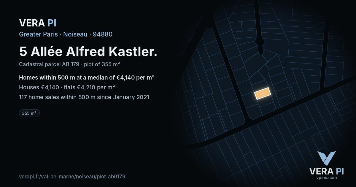 5 Allée Alfred Kastler, Noiseau at night – the plot lit, the parcels around coloured by the prices near them