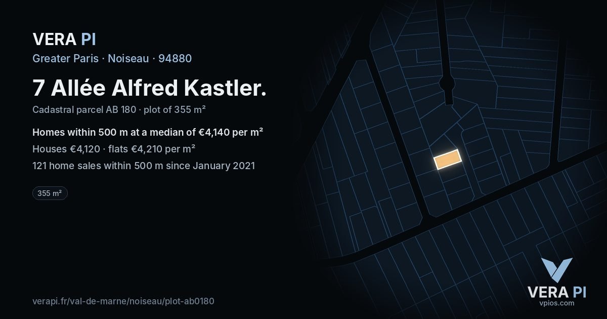 7 Allée Alfred Kastler, Noiseau at night – the plot lit, the parcels around coloured by the prices near them