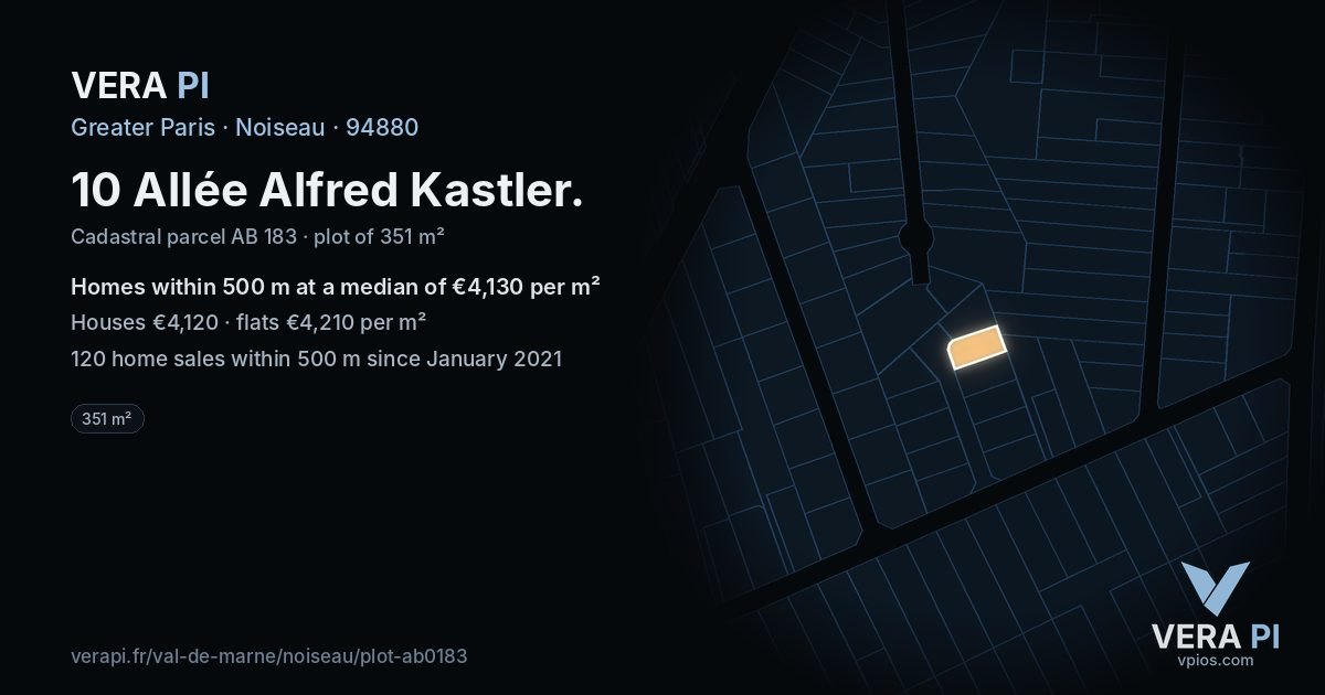 10 Allée Alfred Kastler, Noiseau at night – the plot lit, the parcels around coloured by the prices near them