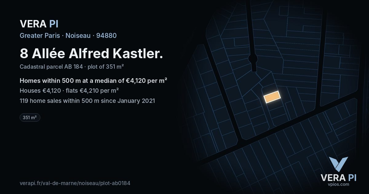 8 Allée Alfred Kastler, Noiseau at night – the plot lit, the parcels around coloured by the prices near them
