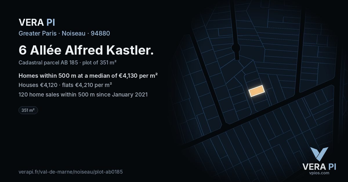 6 Allée Alfred Kastler, Noiseau at night – the plot lit, the parcels around coloured by the prices near them