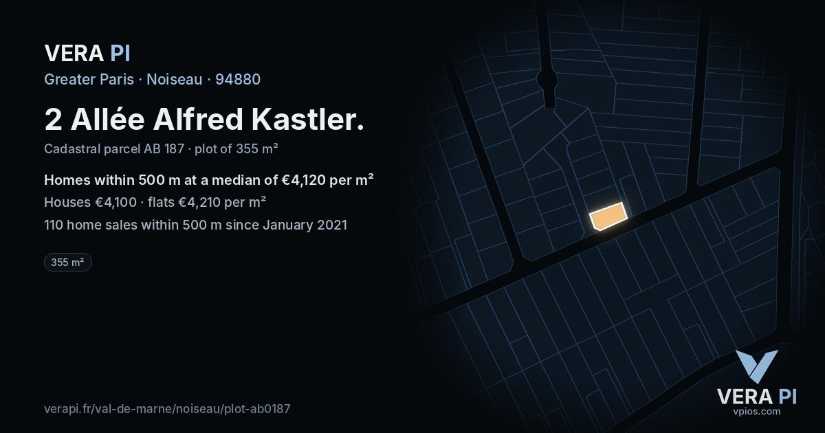 2 Allée Alfred Kastler, Noiseau at night – the plot lit, the parcels around coloured by the prices near them