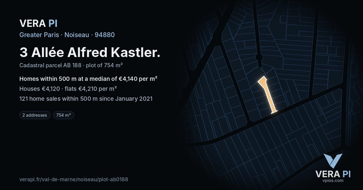 3 Allée Alfred Kastler, Noiseau at night – the plot lit, the parcels around coloured by the prices near them
