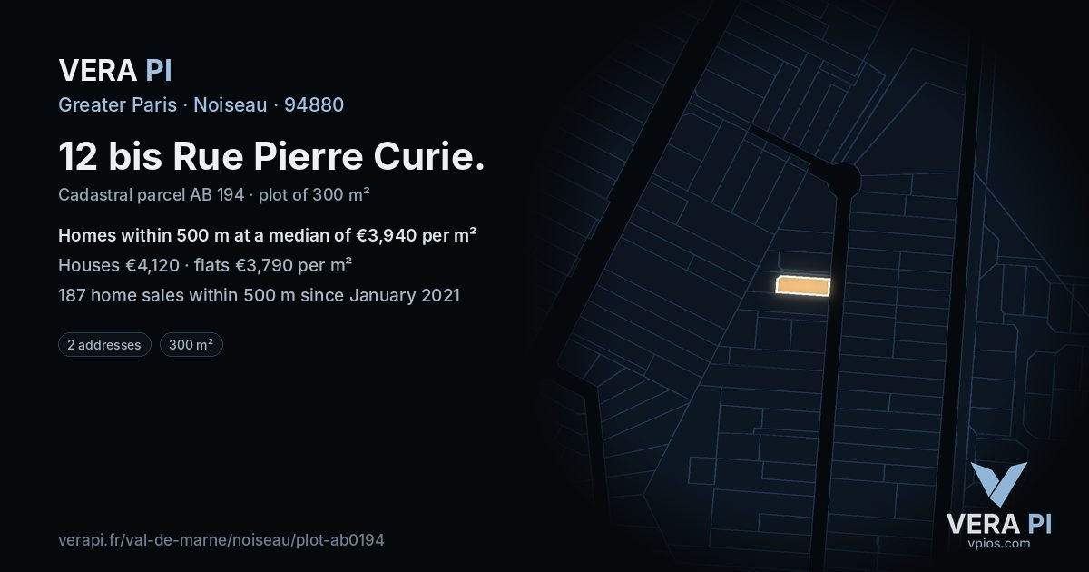 12 bis Rue Pierre Curie, Noiseau at night – the plot lit, the parcels around coloured by the prices near them