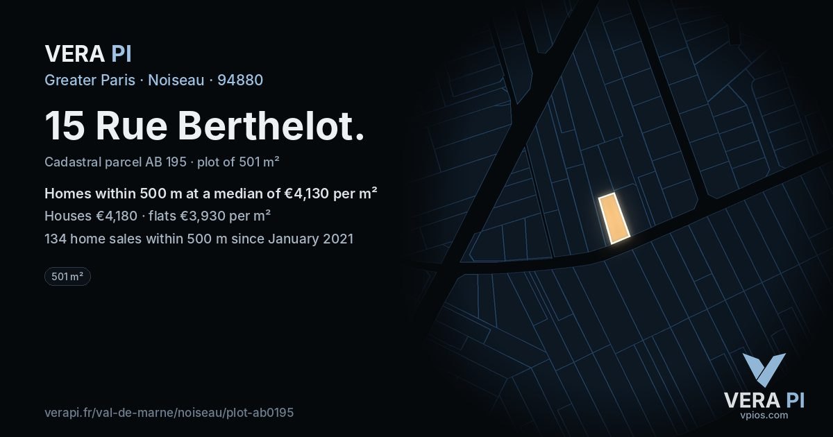 15 Rue Berthelot, Noiseau at night – the plot lit, the parcels around coloured by the prices near them